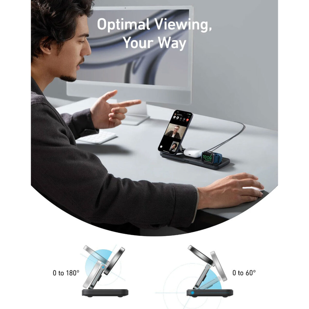 شارژر رومیزی انکر مدل MagGo Wireless Charging به همراه شارژر دیواری 40 وات انکر و کابل USB-C به طول 1.5 متر