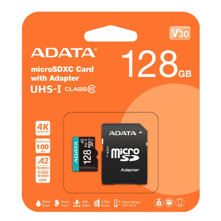 کارت حافظه MicroSDXC ای‌دیتا مدل Premier Pro کلاس 10 استاندارد UHS-I U3 4k سرعت 100MBps ظرفیت 128 گیگابایت همراه با آداپتور